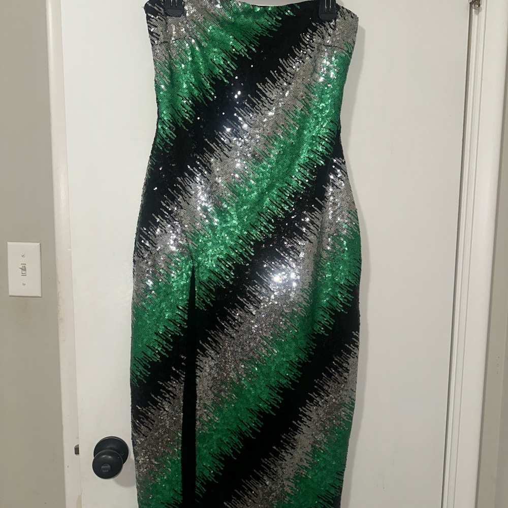 Nasty Gal Strapless Green and Silver Sequin Dress